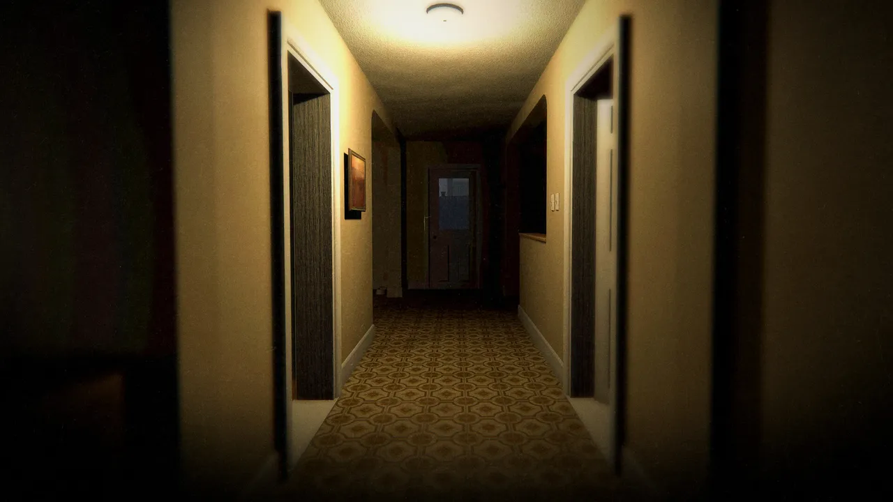 Phasmophobia screenshot: a dim house hallway with patterned carpet, closed doors and a single ceiling light