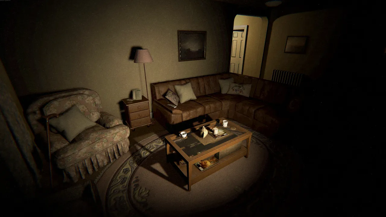 Phasmophobia screenshot: a shadowy living room with a floral armchair, brown sofa and a lamp casting low light