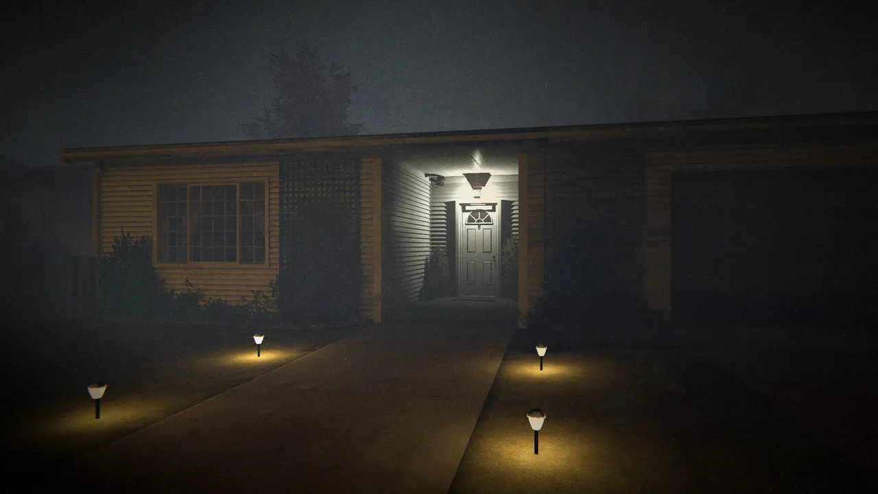 Phasmophobia screenshot: the front door of a dark suburban house at night lit by small path lights and a porch light