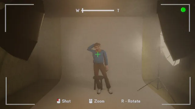 Photomaly screenshot: a camera viewfinder framing a man posing in the white studio