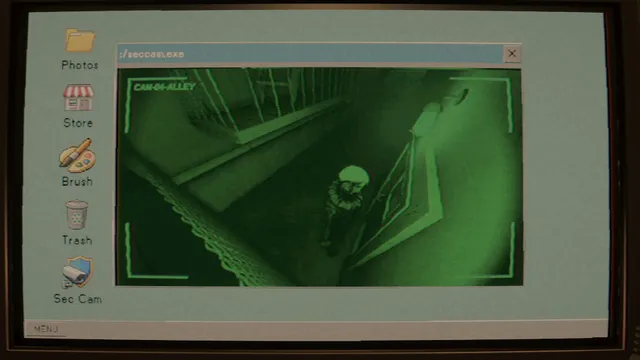 Photomaly screenshot: a green night-vision security camera feed of a figure in an alley