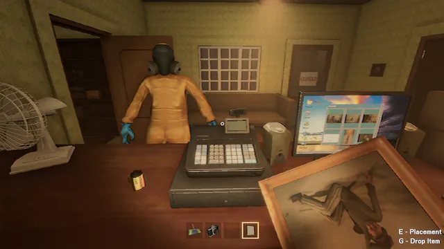 Photomaly screenshot: a customer in a gas mask and yellow suit at the photo studio counter