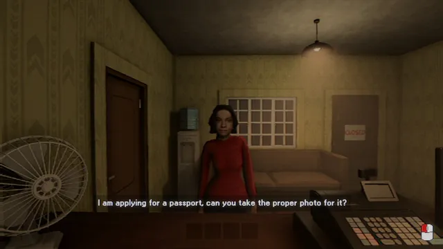 Photomaly screenshot: a woman in red asking for a passport photo at the counter of a yellow-wallpapered studio