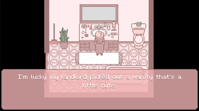 Pink screenshot: the girl at her bathroom vanity, thinking she is lucky her landlord picked one that is a little cute