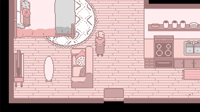 Pink screenshot: the girl between her bed and the kitchen in the pink flat, with a sofa nearby