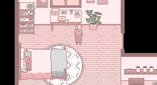 Pink screenshot: the girl standing by a plant in her pink studio apartment, with a bed, a round rug, a desk and a kitchen corner