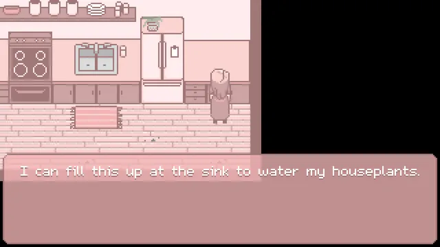 Pink screenshot: the girl in her kitchen, saying she can fill it up at the sink to water her houseplants