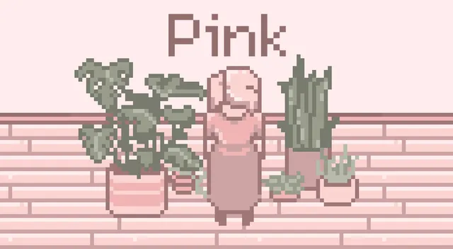 Pink title art: the girl in a pink dress between potted houseplants under the word Pink