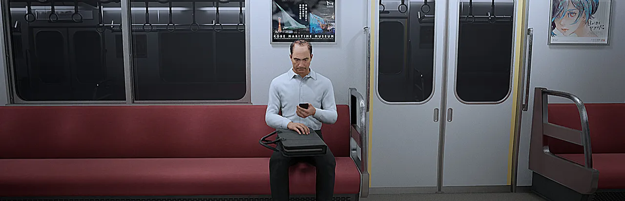 Platform 8 key art: a man in a pale shirt sits on a red bench seat in a bright Japanese train carriage, looking at his phone