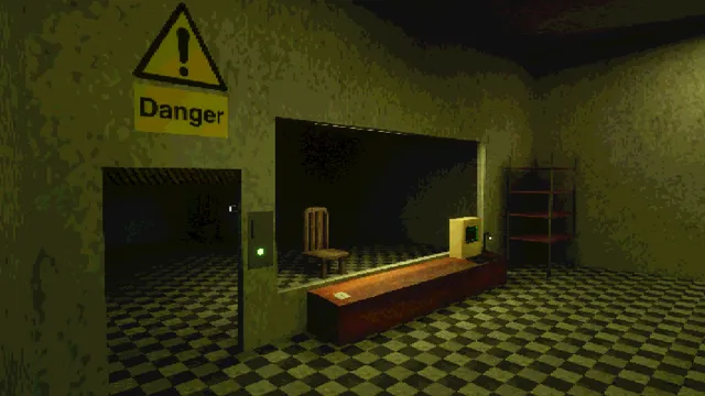 Play Things screenshot: the test room under a yellow Danger sign, an empty chair behind the glass and a dark doorway beside it