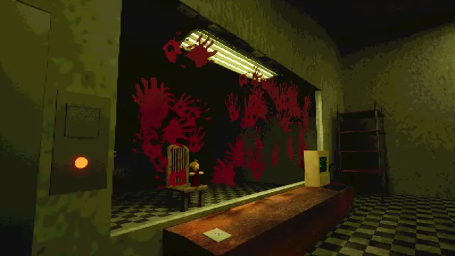 Play Things screenshot: a small doll on a wooden chair behind an observation window smeared with bloody handprints, a terminal on the counter in front