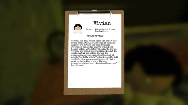 Play Things screenshot: a clipboard case file for the doll Vivian, found beside the body of its six-year-old owner's strangled mother