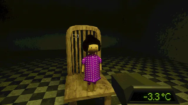 Play Things screenshot: a black-haired doll in a purple dress stands on a wooden chair on a checkered floor while a thermometer reads -3.3 degrees