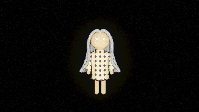 Play Things screenshot: a doll with long grey hair, a yellow spotted dress and glowing white eyes stands alone in darkness