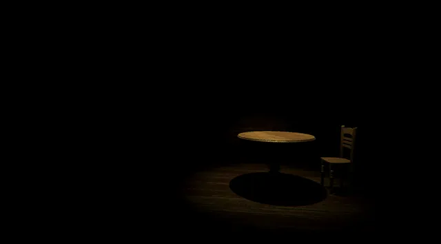 Play With Him screenshot: a round wooden table and a single chair in a small pool of lamplight, surrounded by darkness