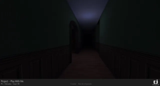 Play With Me screenshot: a long, dark ground-floor hallway with green walls and wood panelling