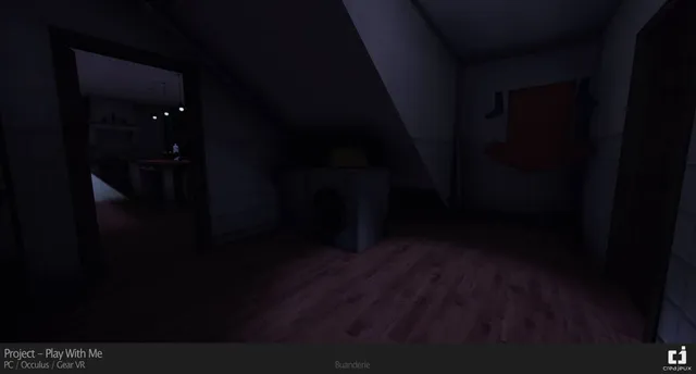 Play With Me screenshot: a dim laundry room under a sloping roof with a washing machine and a doorway to the kitchen