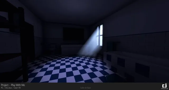 Play With Me screenshot: a bathroom with a chequered floor lit by a shaft of moonlight from the window