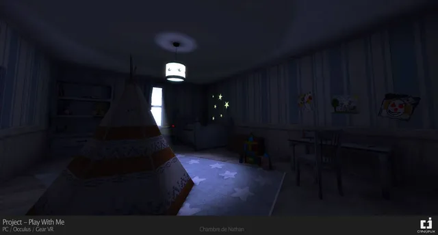 Play With Me screenshot: a boy's moonlit bedroom with a play tent, star decals and a clown drawing on the wall