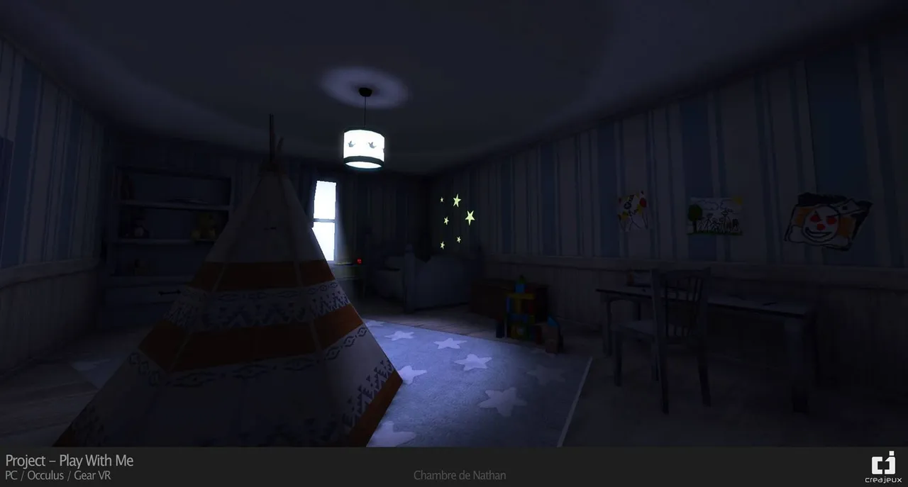 Play With Me screenshot: a boy's moonlit bedroom with a play tent, star decals and a clown drawing on the wall