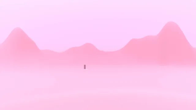 Pleh screenshot: a small figure in a misty pink landscape of soft hills
