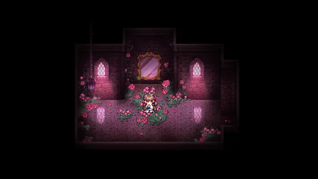 The girl stands among roses in a dark pink room with a mirror and tall windows, the rest of the map in blackness