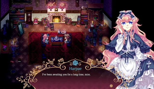In a candlelit library a maid named Harpae says she has been awaiting the girl for a long time