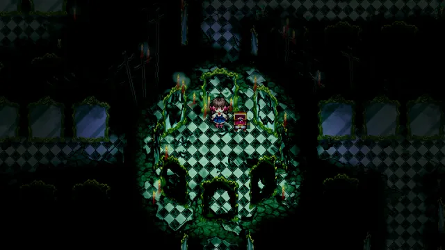 A dark green chequered room shaped like a skull, the girl standing inside it