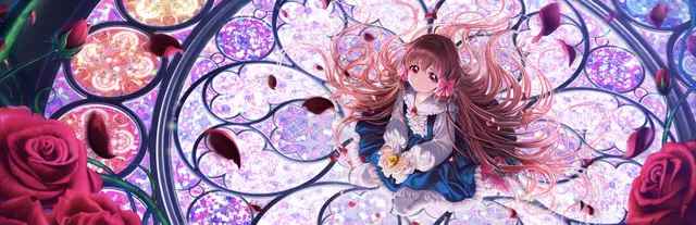 Pocket Mirror ~ GoldenerTraum key art: a brown-haired girl in a blue dress lying among roses before a stained-glass window