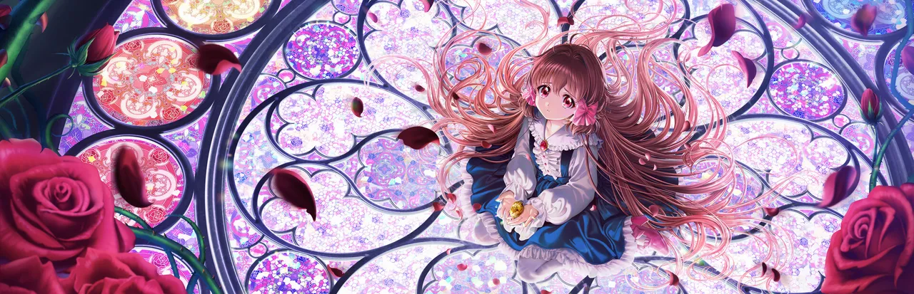 Pocket Mirror ~ GoldenerTraum key art: a brown-haired girl in a blue dress lying among roses before a stained-glass window