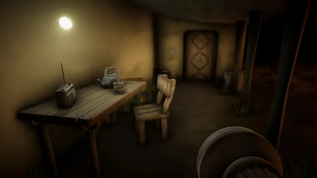 Pomberito: the farmhouse porch at night with a radio and kettle on a wooden table under a bare bulb