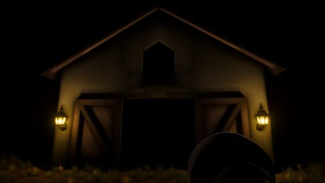 Pomberito: a barn at night with two lanterns either side of the open door