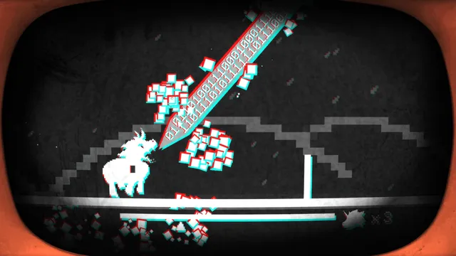 Pony Island screenshot: a white pony on a glitching track as a beam of ones and zeros strikes through red pixels