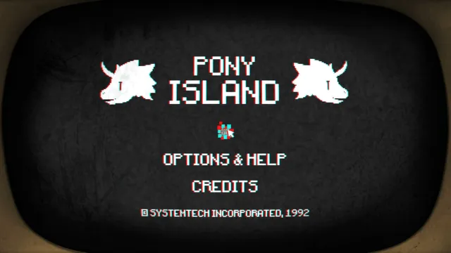 Pony Island screenshot: the title screen on an old CRT, with two horned pony heads and a 1992 copyright