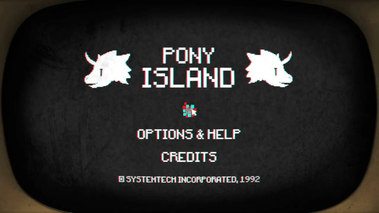 Pony Island screenshot: the title screen on an old CRT, with two horned pony heads and a 1992 copyright