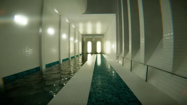 POOLS screenshot: a narrow tiled channel of water and a walkway lead between white columns to two lit arched doorways