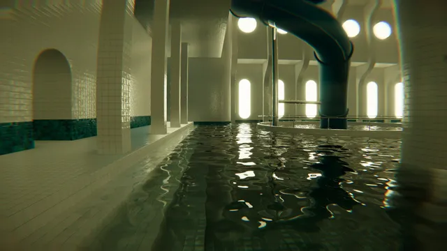 POOLS screenshot: rippling water fills a tiled pool hall with a dark water slide and rows of glowing round windows