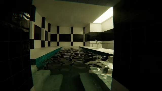POOLS screenshot: a dark pool with black and white chequered tiles and a lone white chair under a skylight