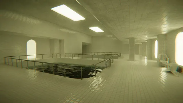POOLS screenshot: a vast tiled hall with railed pools, bright ceiling panels, arched glowing doorways and white plastic chairs