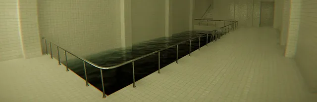 POOLS key art: a long rectangular pool of dark water with a metal rail, in a hall of pale tiles stretching into the distance