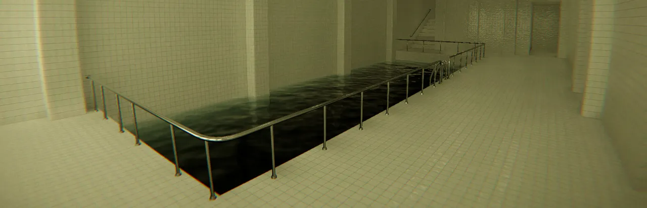 POOLS key art: a long rectangular pool of dark water with a metal rail, in a hall of pale tiles stretching into the distance