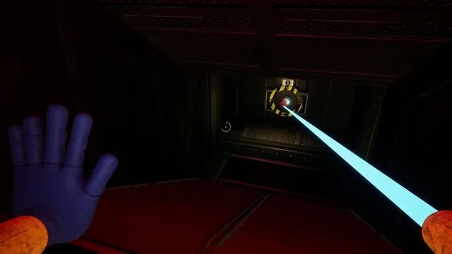 Poppy Playtime screenshot: a glowing blue wire from the GrabPack reaches a yellow and black socket in a dark corridor