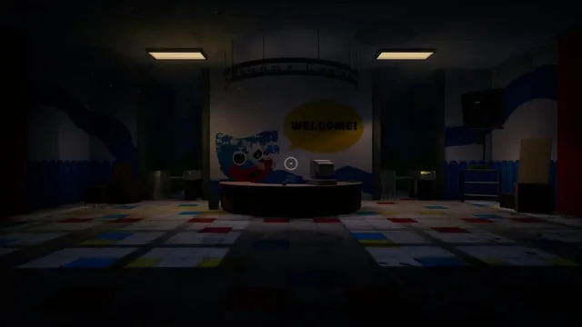 Poppy Playtime screenshot: an empty, dim factory lobby with a reception desk under a Welcome speech bubble