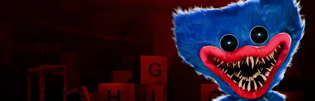Poppy Playtime art: Huggy Wuggy, a blue furry mascot with red lips and rows of sharp teeth, grins in a red-lit factory