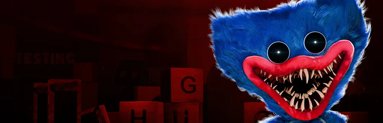 Poppy Playtime art: Huggy Wuggy, a blue furry mascot with red lips and rows of sharp teeth, grins in a red-lit factory