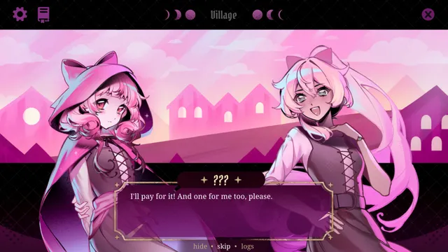 Porcelain Heart screenshot: the hooded girl in a pink village street with a cheerful blonde girl who offers to pay