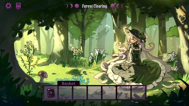 Porcelain Heart screenshot: a woman in a green gown sitting among white flowers in a sunlit forest clearing, above a basket inventory bar