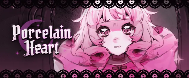 Porcelain Heart title art: the title in white script beside a close-up of a pink-haired girl with wide, uneasy eyes, framed in black lace and hearts