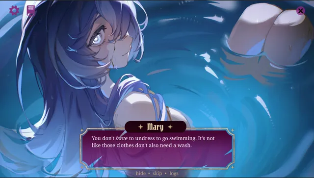 Porcelain Heart CG: a dark-haired figure turning in blue swirling water as Mary speaks about going swimming