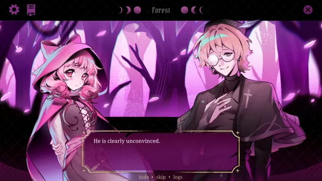 Porcelain Heart screenshot: the hooded girl in a pink forest beside a priest with a monocle and a cross on his coat